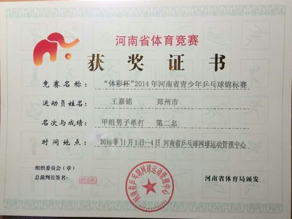 郑州11中王嘉铭同学获得国家一级运动员称号