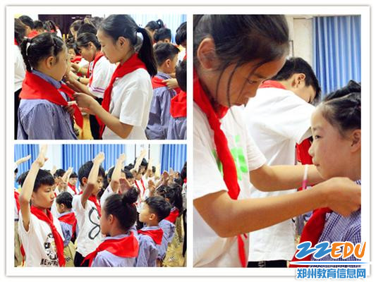 3老队员为新队员佩戴红领巾并互敬队礼 3老队员为新队员佩戴红领巾并互敬队礼