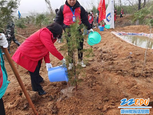 5志愿者为刚栽的树苗浇水