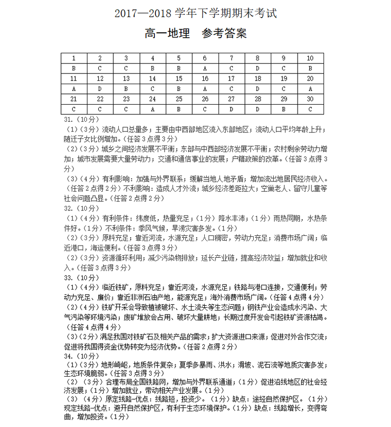 2017—2018学年下学期期末考试高一地理参考答案