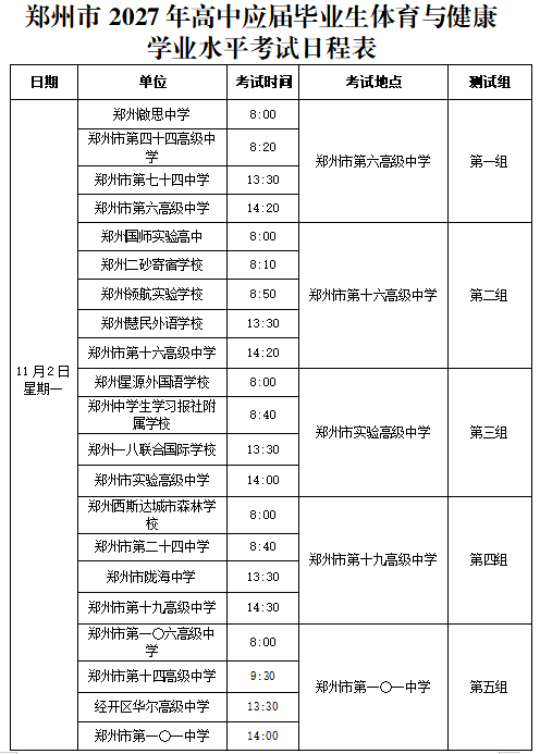郑州市2027年高中应届毕业生体育与健康学业水平考试日程表